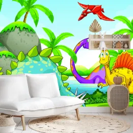 Fototapeta Dinozaury – Prehistoryczny Krajobraz z Zielenią i Palmami