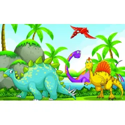 Fototapeta Dinozaury – Prehistoryczny Krajobraz z Zielenią i Palmami