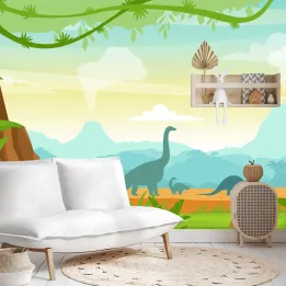 Fototapeta Dinozaury w Dżungli – Prehistoryczny Krajobraz Tropikalny
