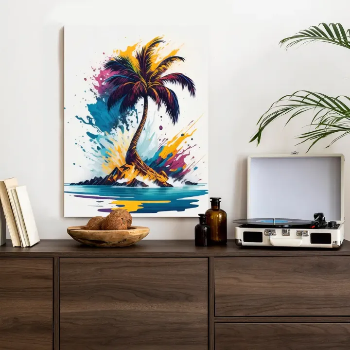 Plakat Kolorowa Palma – Tropikalna Wyspa i Abstrakcyjna Sztuka
