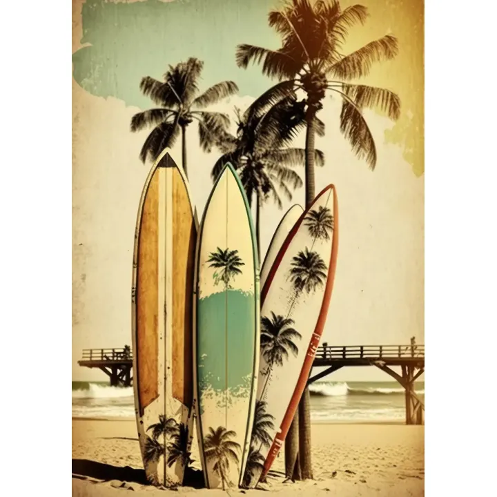 Plakat Deski Surfingowe Na Plaży – Wakacyjny Klimat i Styl Plażowy