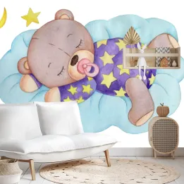 Fototapeta Śpiący Miś – Nocny Sen z Księżycem i Gwiazdami