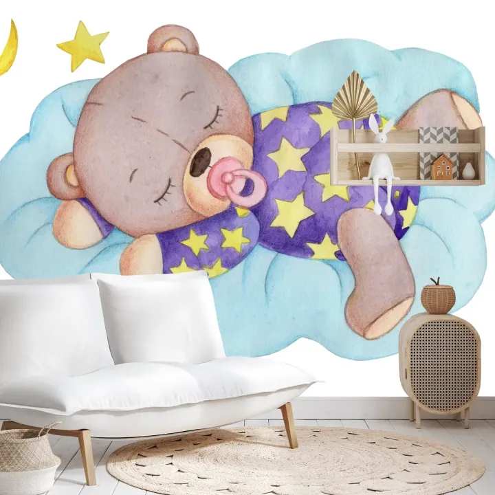 Fototapeta Śpiący Miś – Nocny Sen z Księżycem i Gwiazdami