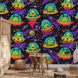Fototapeta Kolorowe Zwariowane Ufo – Kosmiczna Przygoda z Obcymi