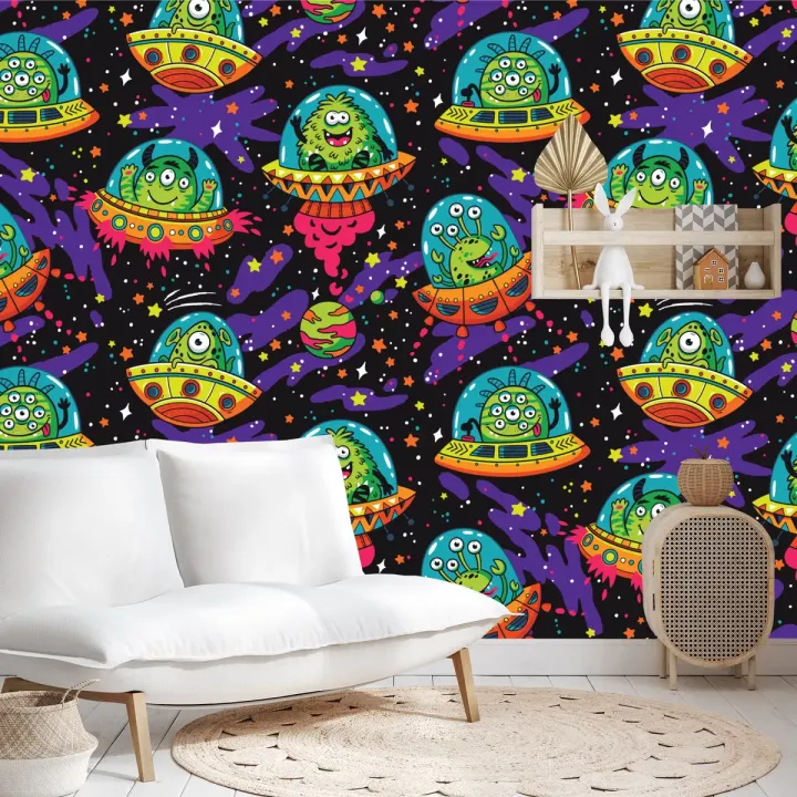 Fototapeta Kolorowe Zwariowane Ufo – Kosmiczna Przygoda z Obcymi