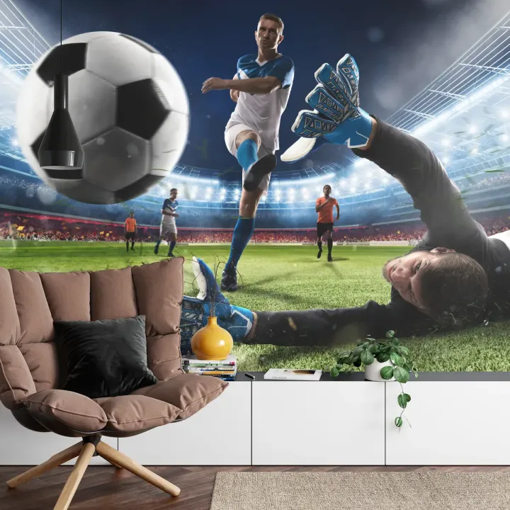 Fototapeta Piłkarz Oddający Strzał – Akcja Sportowa na Stadionie