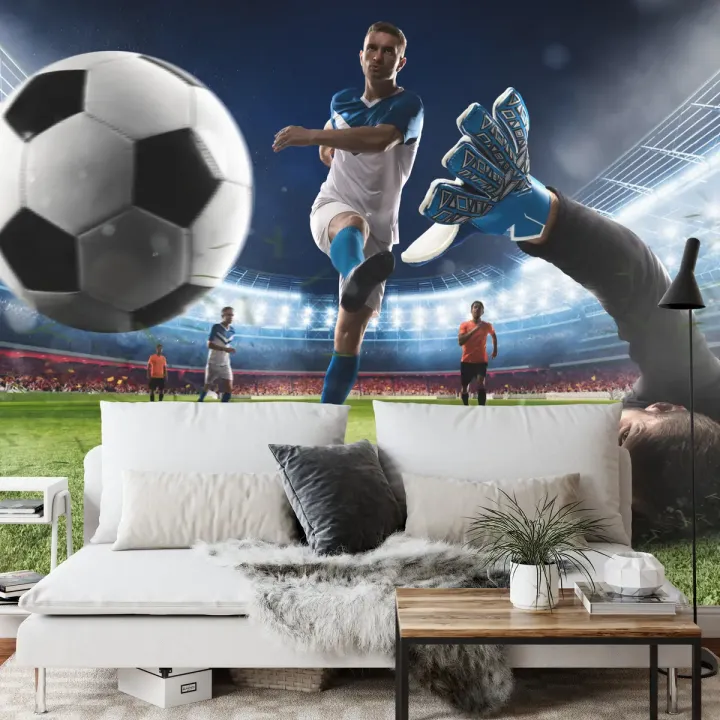 Fototapeta Piłkarz Oddający Strzał – Akcja Sportowa na Stadionie