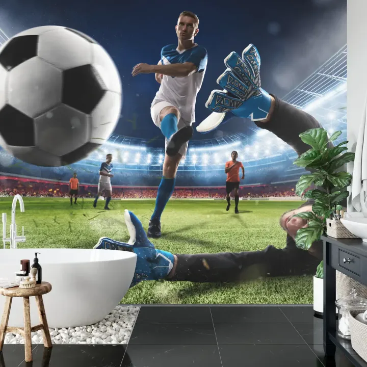 Fototapeta Piłkarz Oddający Strzał – Akcja Sportowa na Stadionie