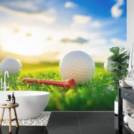 Fototapeta Piłki Golfowe 3D – Sportowy Krajobraz z Trawą i Słońcem