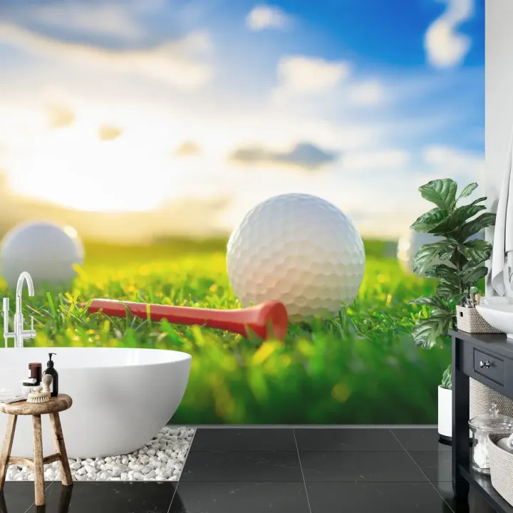 Fototapeta Piłki Golfowe 3D – Sportowy Krajobraz z Trawą i Słońcem