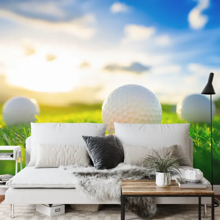 Fototapeta Piłki Golfowe 3D – Sportowy Krajobraz z Trawą i Słońcem