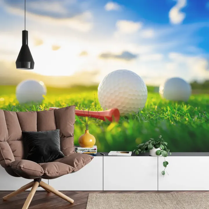 Fototapeta Piłki Golfowe 3D – Sportowy Krajobraz z Trawą i Słońcem
