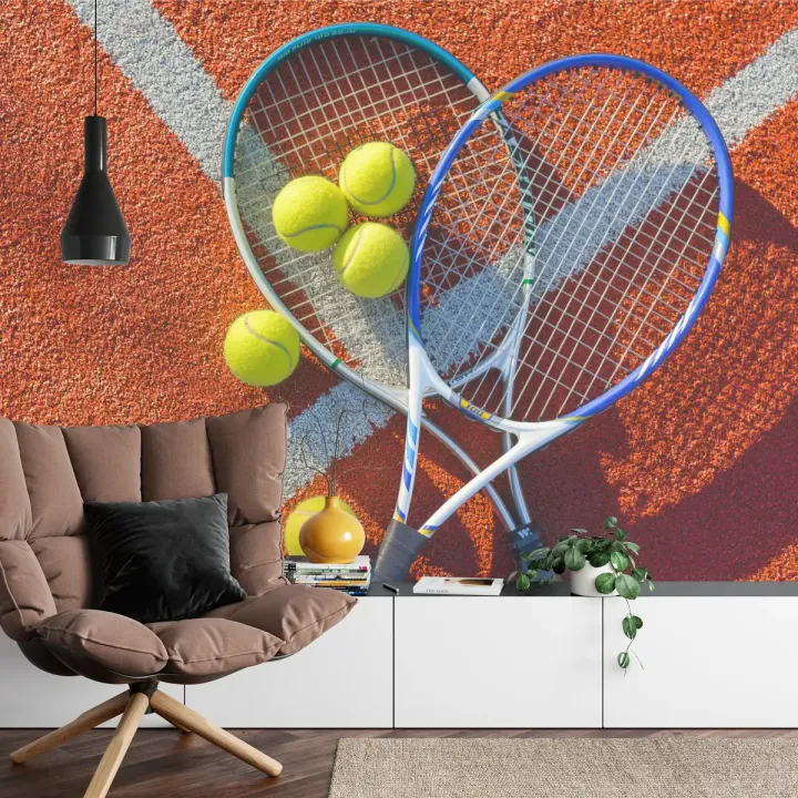 Fototapeta Piłki Tenisowe z Rakietami – Sportowa Energia na Kort Tenisowy