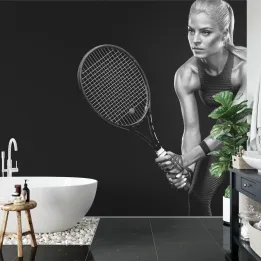 Fototapeta Tenisistka – Czarno-biała akcja sportowa na korcie