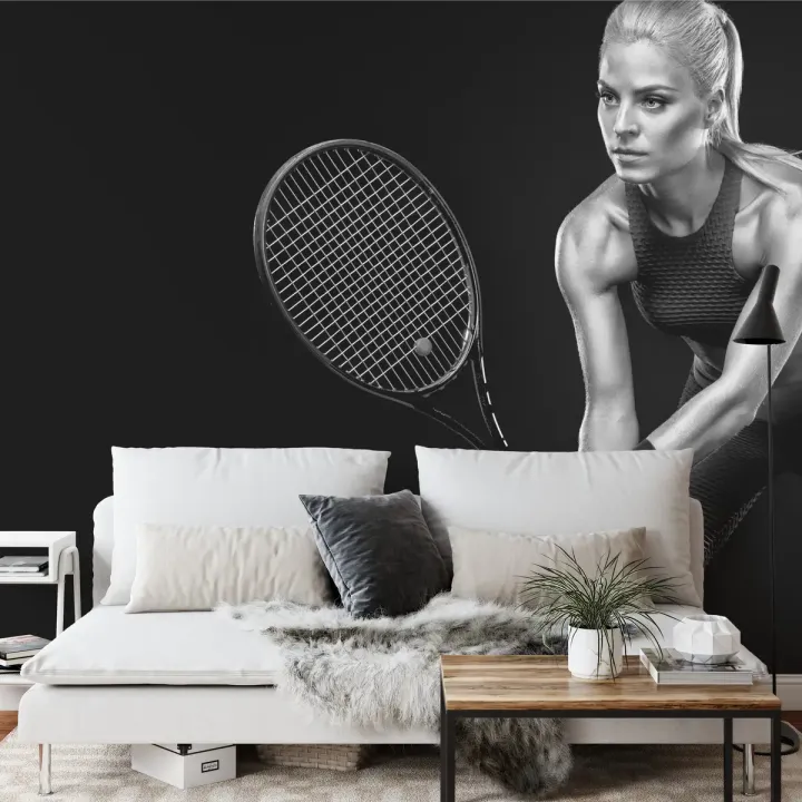 Fototapeta Tenisistka – Czarno-biała akcja sportowa na korcie