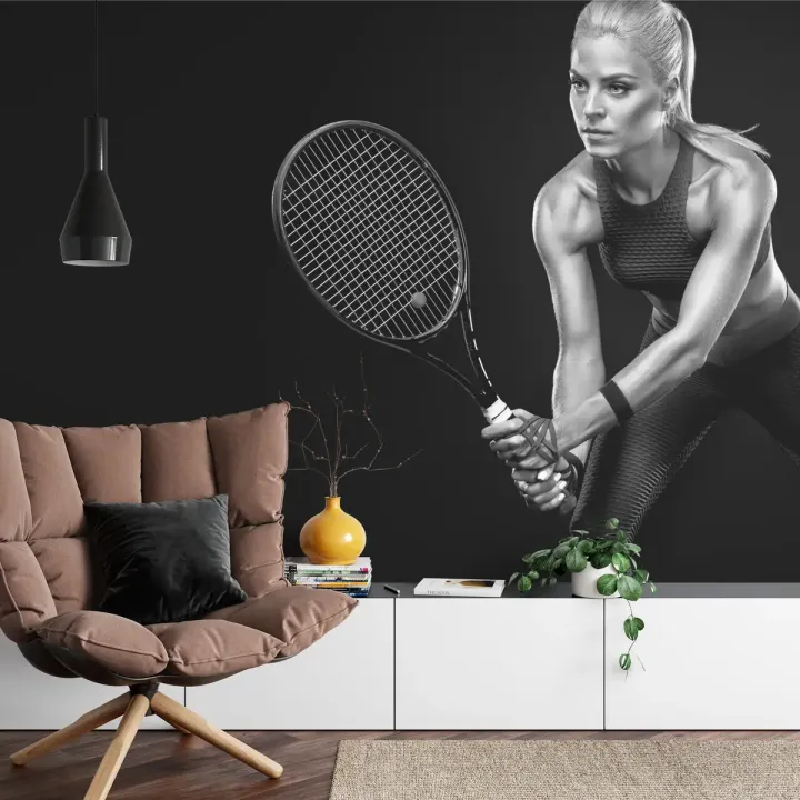Fototapeta Tenisistka – Czarno-biała akcja sportowa na korcie