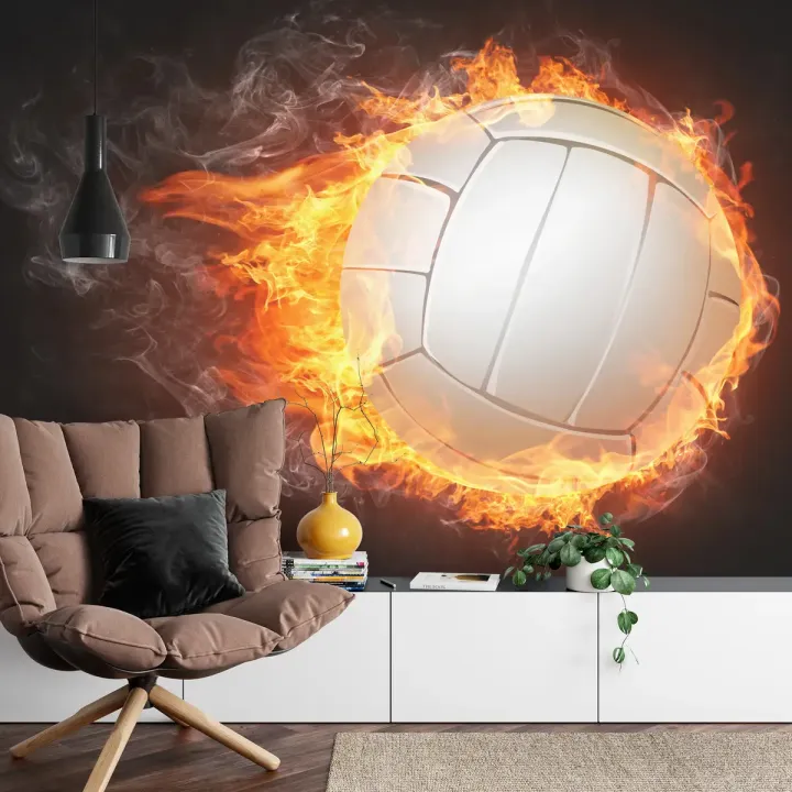 Fototapeta Piłka Siatkowa w Płomieniach – Sportowa Energia i Pasja