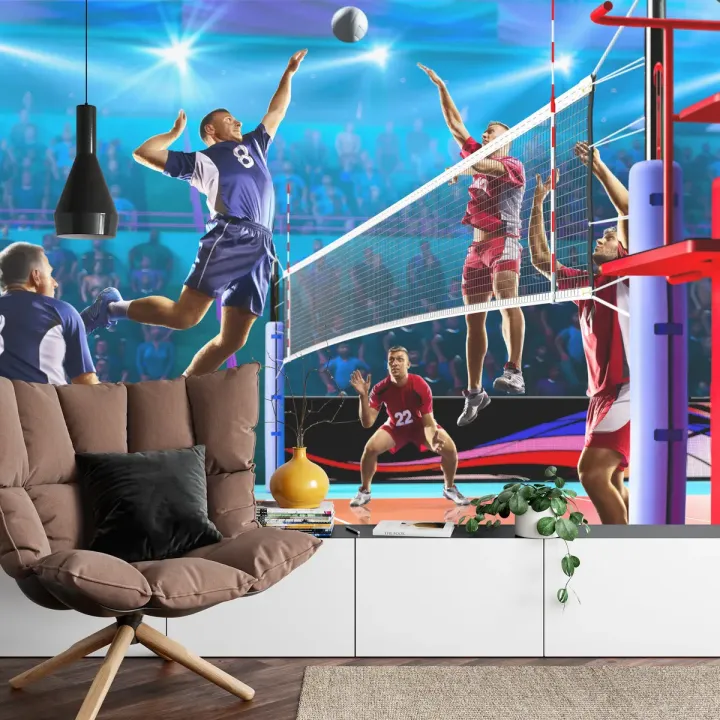 Fototapeta Siatkarze Podczas Gry – Akcja Sportowa na Hali