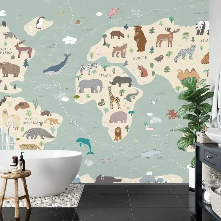 Fototapeta Mapa Świata dla Dzieci – Kontynenty i Zwierzęta