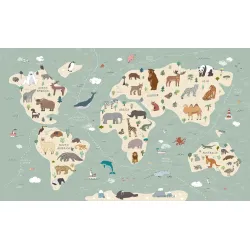 Fototapeta Mapa Świata dla Dzieci – Kontynenty i Zwierzęta