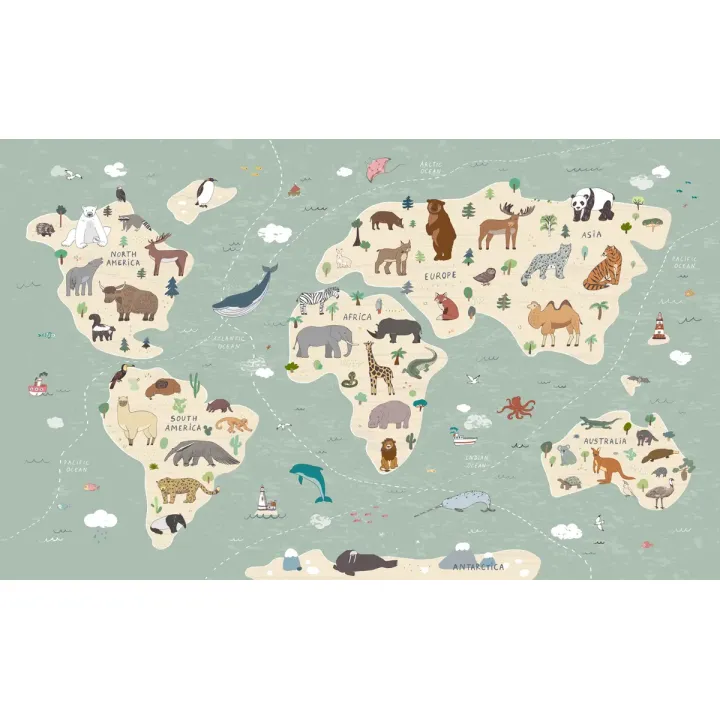 Fototapeta Mapa Świata dla Dzieci – Kontynenty i Zwierzęta – produkt