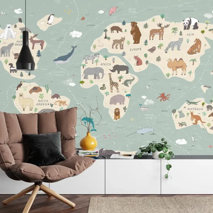 Fototapeta Mapa Świata dla Dzieci – Kontynenty i Zwierzęta