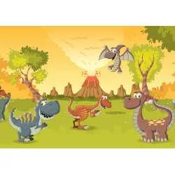 Fototapeta Bajkowe Dinozaury – Prehistoryczny Krajobraz z Wulkanem