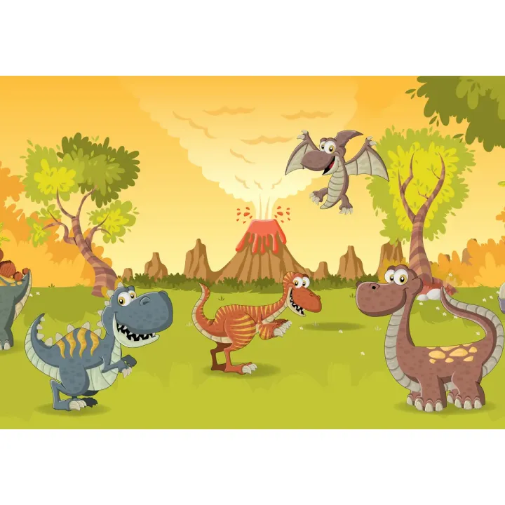 Fototapeta Bajkowe Dinozaury – Prehistoryczny Krajobraz z Wulkanem – produkt
