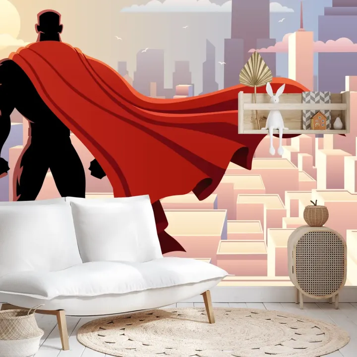 Fototapeta Superbohater w Pelerynie – Skyline Metropolii o Zachodzie Słońca