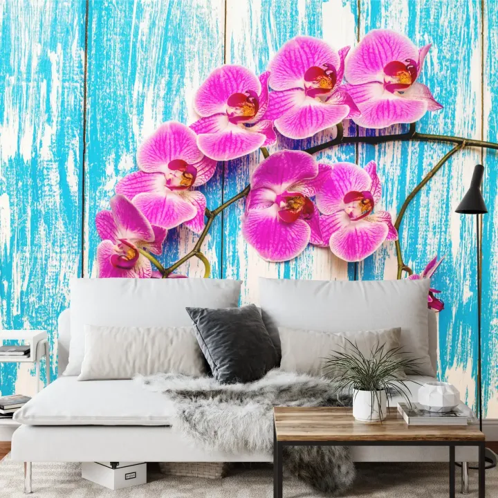 Fototapeta Orchidee – Kwiaty na Drewnie w Stylu Botanicznym