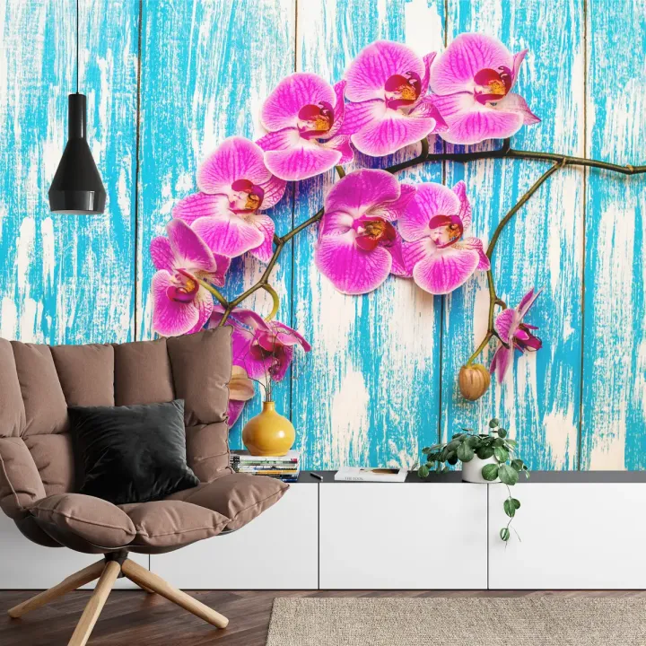 Fototapeta Orchidee – Kwiaty na Drewnie w Stylu Botanicznym