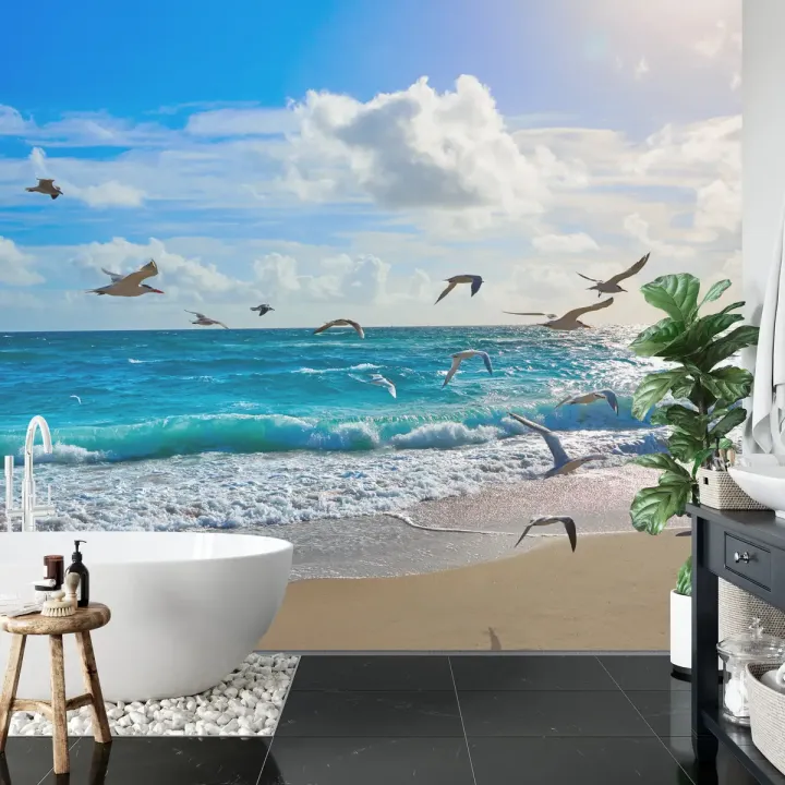 Fototapeta Plaża Morze Fale – Nadmorski Krajobraz z Pianą Morską i Mewami