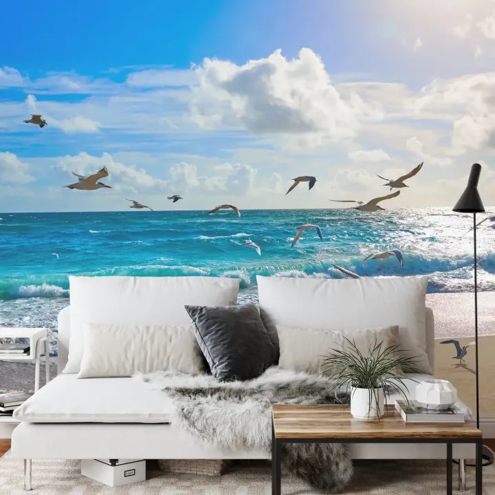 Fototapeta Plaża Morze Fale – Nadmorski Krajobraz z Pianą Morską i Mewami