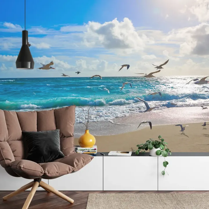 Fototapeta Plaża Morze Fale – Nadmorski Krajobraz z Pianą Morską i Mewami