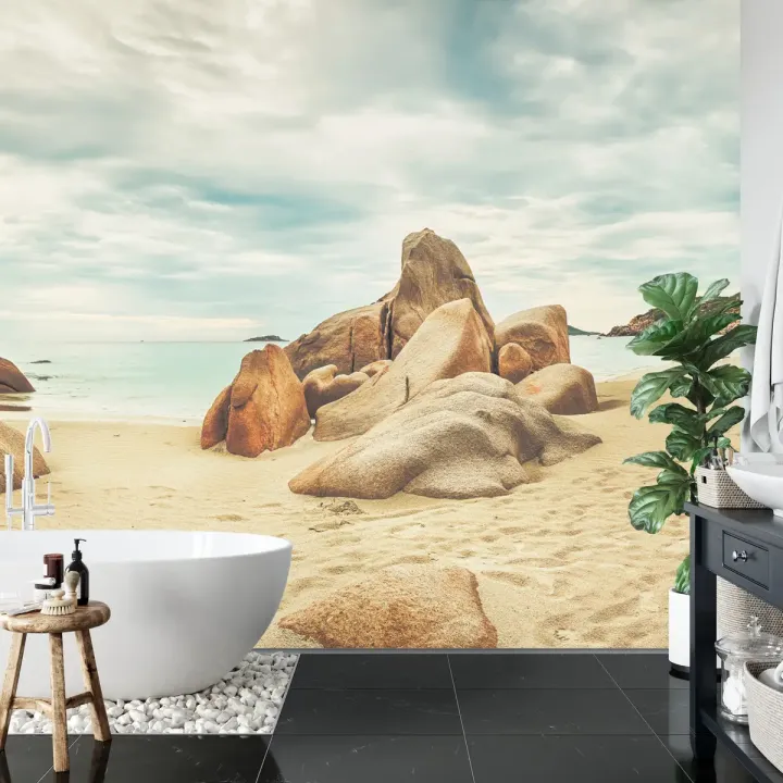 Fototapeta Plaża – Nadmorski Krajobraz z Skałami i Chmurami