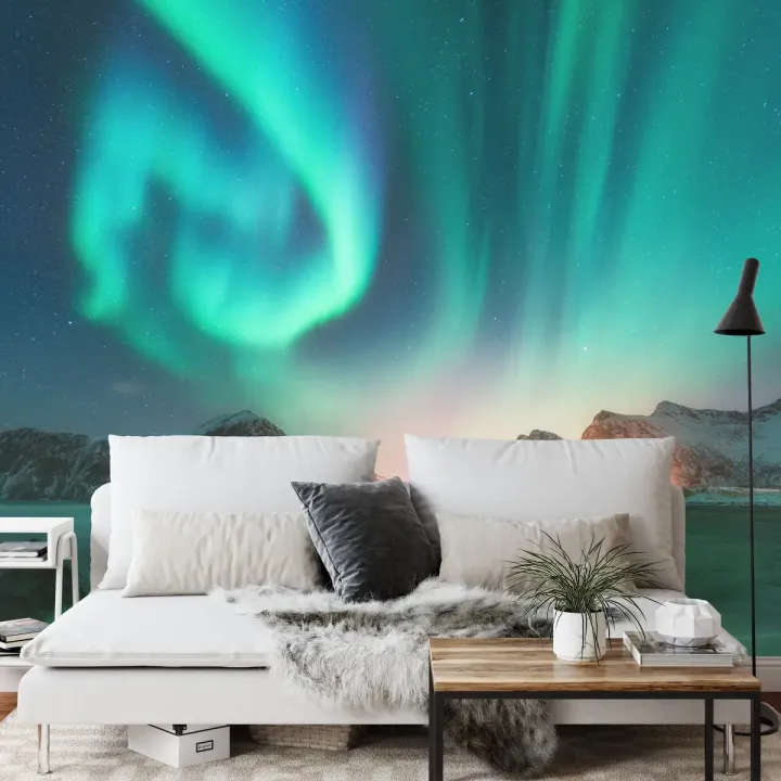 Fototapeta Zorza Polarna – Nocne Niebo i Krajobraz Górski
