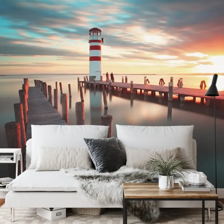 Fototapeta Pomost 3D – Port i Latarnia Morska o Zachodzie Słońca