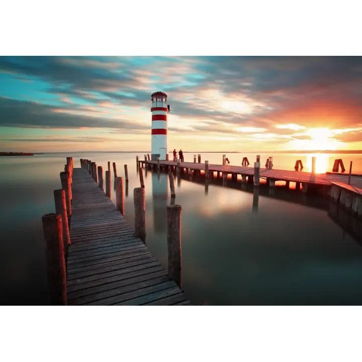 Fototapeta Pomost 3D – Port i Latarnia Morska o Zachodzie Słońca – produkt