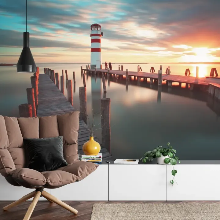 Fototapeta Pomost 3D – Port i Latarnia Morska o Zachodzie Słońca