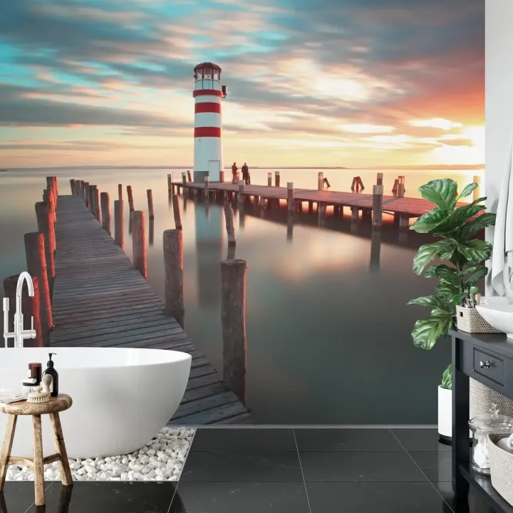 Fototapeta Pomost 3D – Port i Latarnia Morska o Zachodzie Słońca