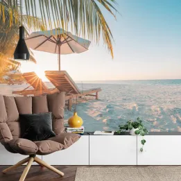 Fototapeta Plaża Zachód Słońca – Rajska Plaża i Palmy na Wakacje