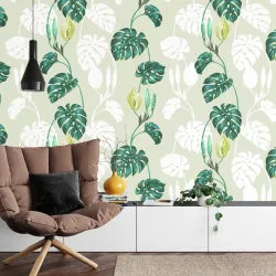 Fototapeta Liście Monstera – Tropikalna Roślinność do Wnętrz – Odcienie bieli i beżu