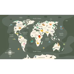 Fototapeta Mapa Świata dla Dzieci – Zwierzęta i Odkrywanie Kontynentów