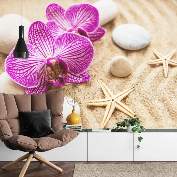 Fototapeta Storczyk Plaża Spa – Relaks w Otoczeniu Przyrody i Muszli