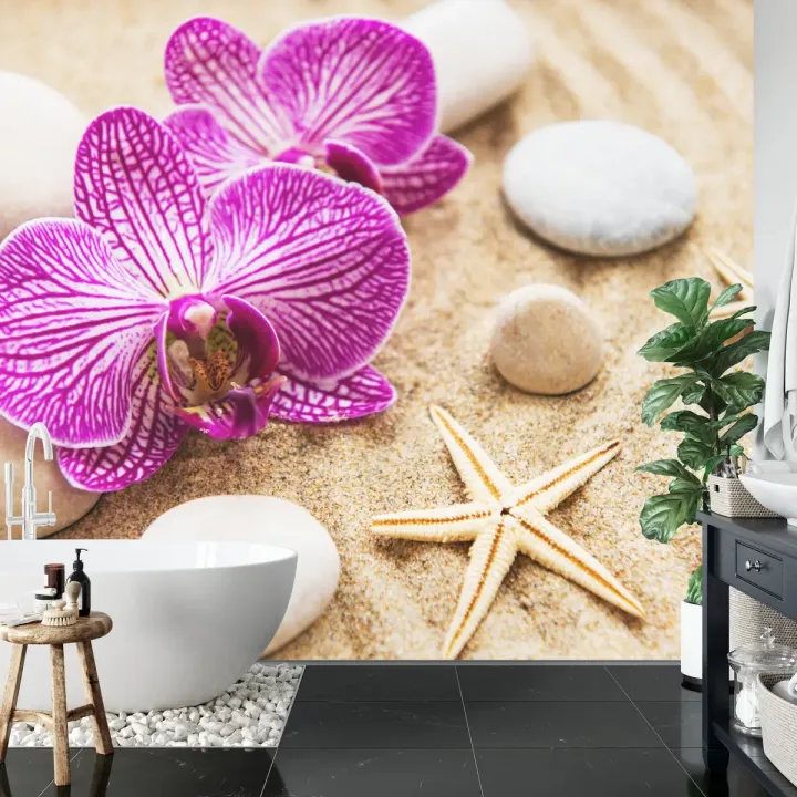 Fototapeta Storczyk Plaża Spa – Relaks w Otoczeniu Przyrody i Muszli