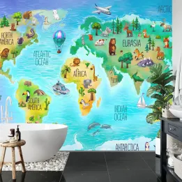 Fototapeta Mapa Świata z Fauną – Egzotyczne Zwierzęta i Kontynenty