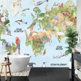 Fototapeta Akwarelowa Mapa Świata – Kontynenty i Zwierzęta w Podróży