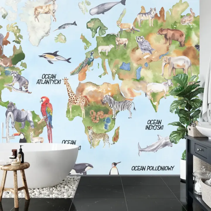 Fototapeta Akwarelowa Mapa Świata – Kontynenty i Zwierzęta w Podróży