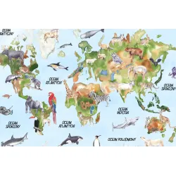 Fototapeta Akwarelowa Mapa Świata – Kontynenty i Zwierzęta w Podróży