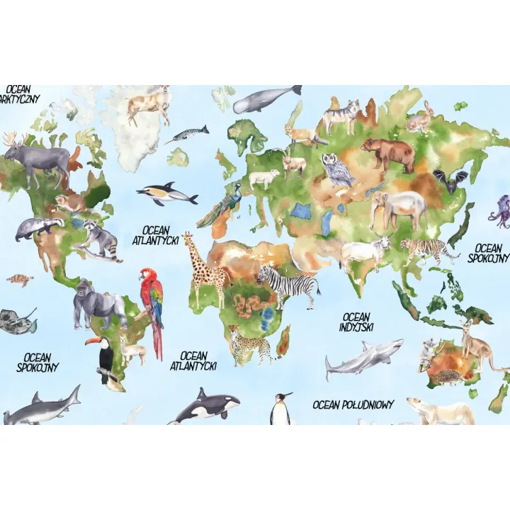 Fototapeta Akwarelowa Mapa Świata – Kontynenty i Zwierzęta w Podróży – produkt